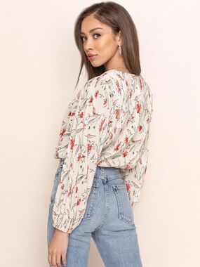 ASTR • Pleated Surplice Floral Long Sleeve Top in Ivory Coral Sketch